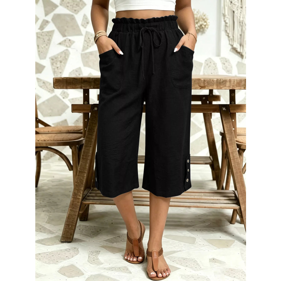 High-Waisted Drawstring Capris Black / S Apparel and Accessories