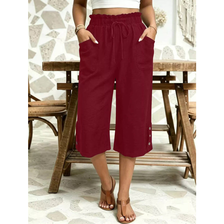 High-Waisted Drawstring Capris Burgundy / S Apparel and Accessories