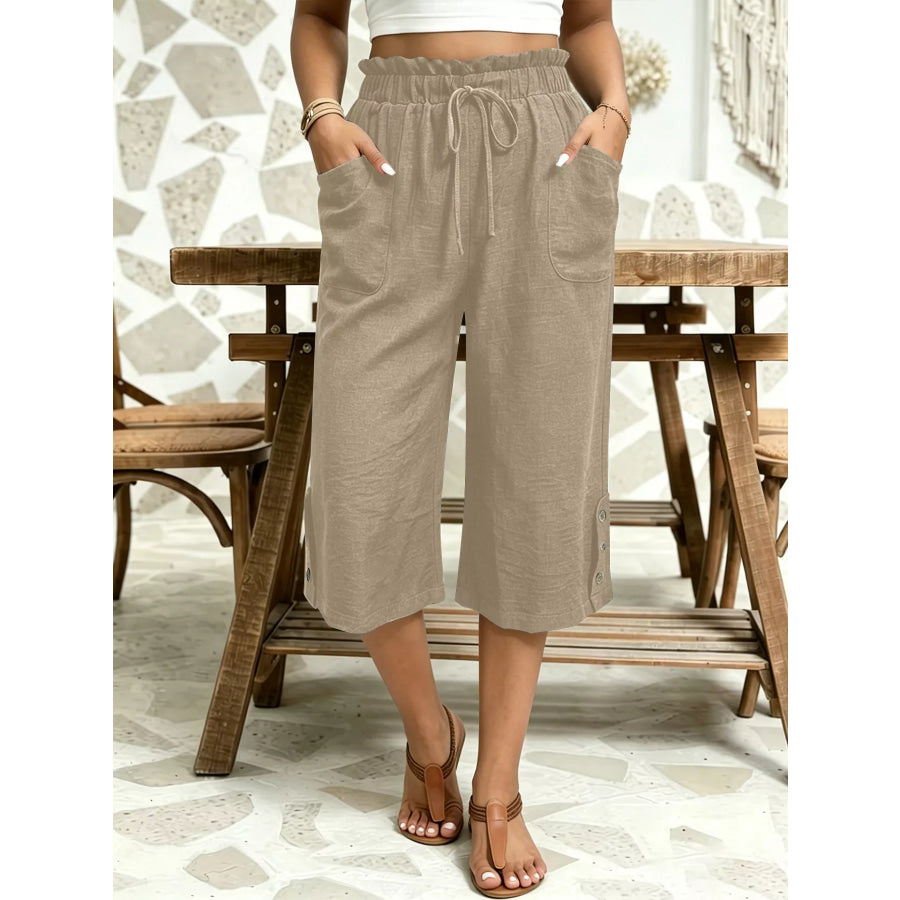 High-Waisted Drawstring Capris Khaki / S Apparel and Accessories