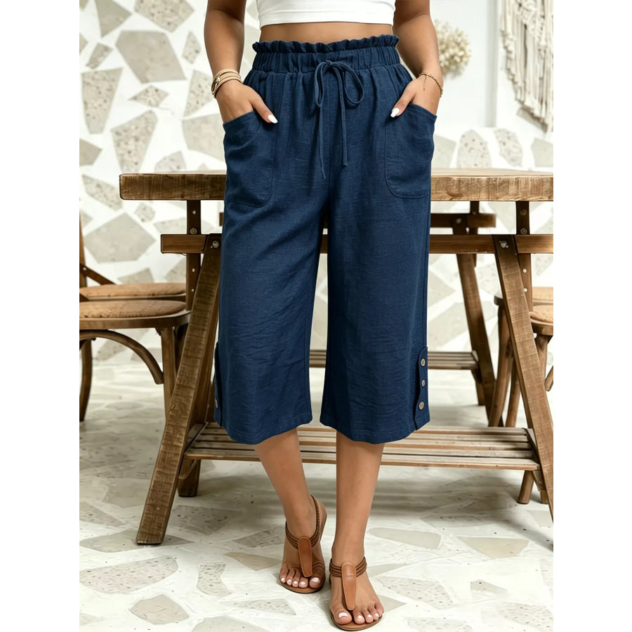 High-Waisted Drawstring Capris Navy Blue / S Apparel and Accessories
