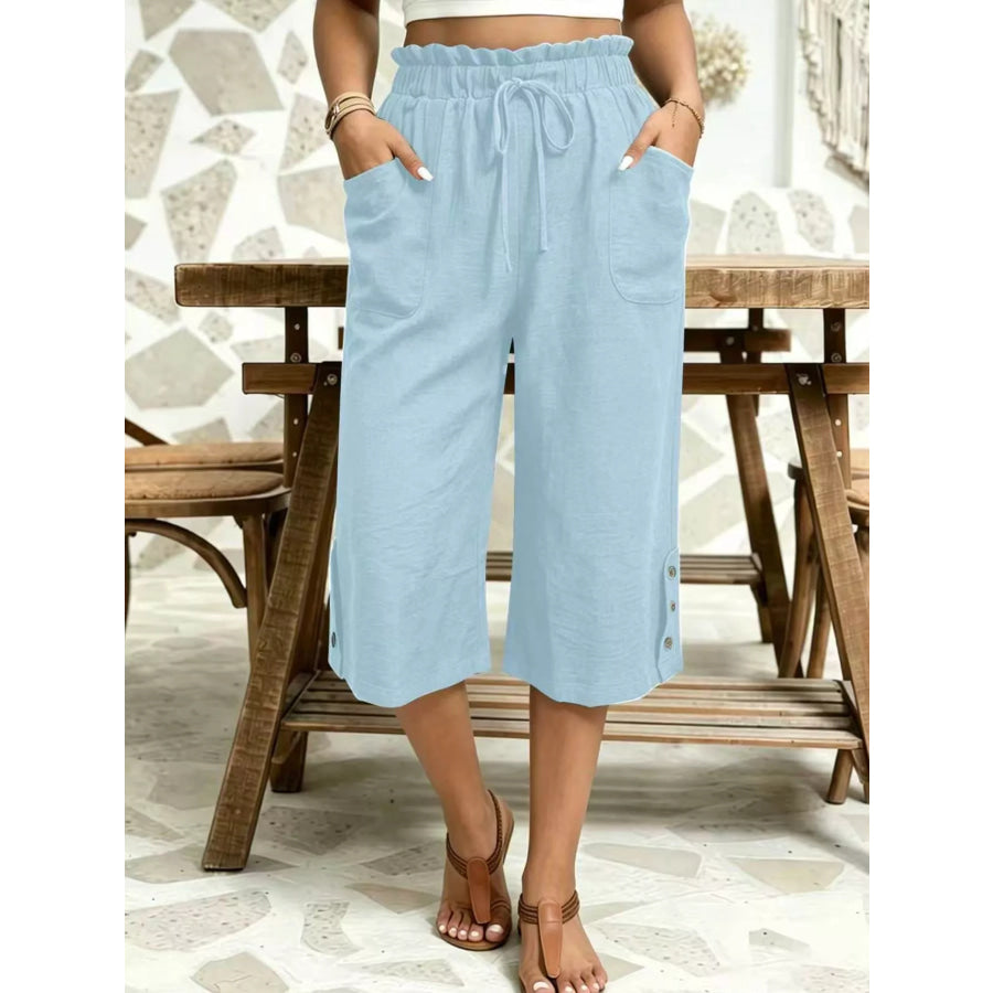 High-Waisted Drawstring Capris Sky Blue / S Apparel and Accessories