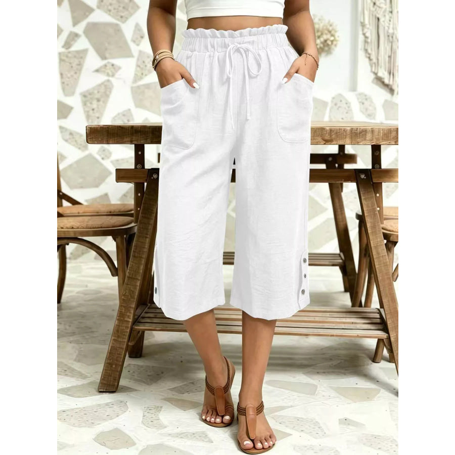 High-Waisted Drawstring Capris White / S Apparel and Accessories