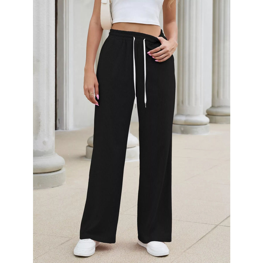 High-Waisted Drawstring Wide-Leg Casual Pants Black / S Apparel and Accessories
