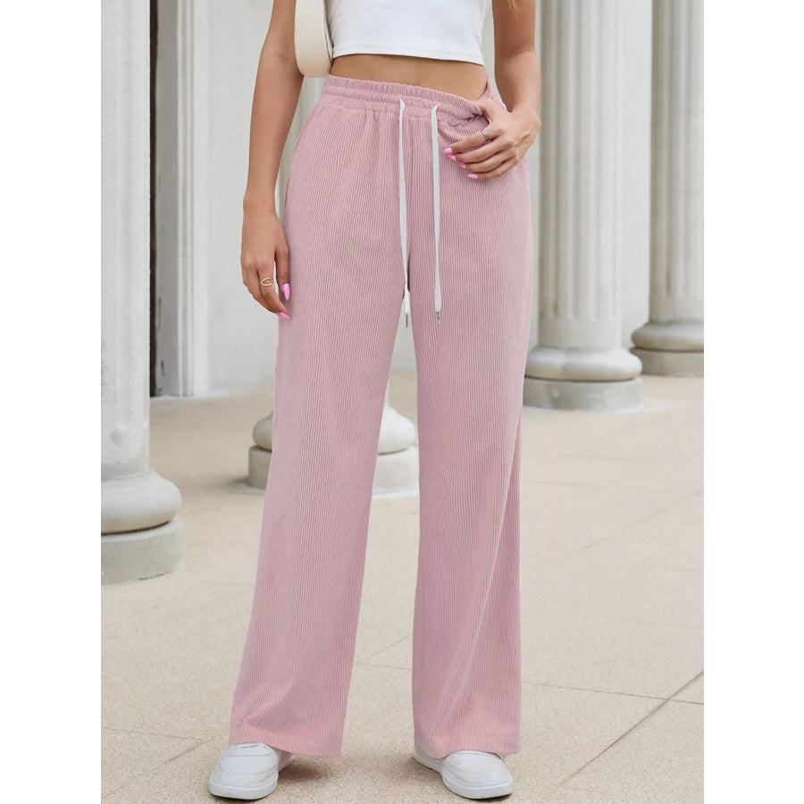 High-Waisted Drawstring Wide-Leg Casual Pants Pink / S Apparel and Accessories