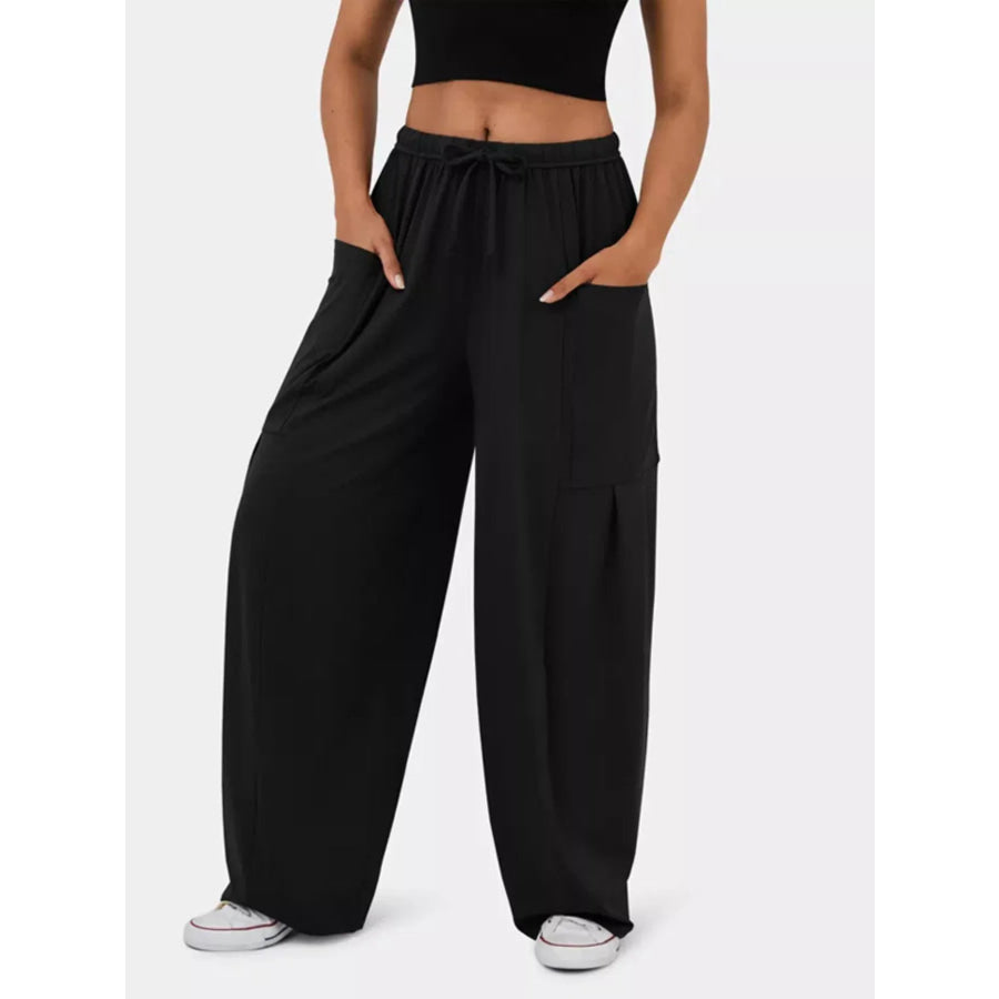 High-Waisted Drawstring Wide-Leg Pants Black / S Apparel and Accessories