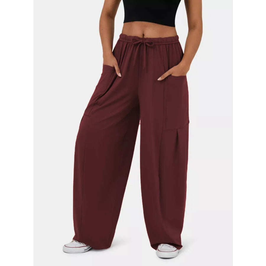 High-Waisted Drawstring Wide-Leg Pants Burgundy / S Apparel and Accessories