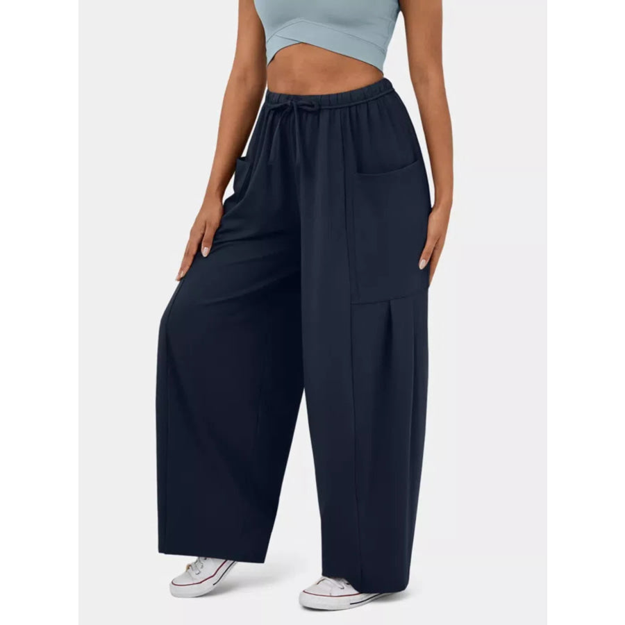 High-Waisted Drawstring Wide-Leg Pants Dark Blue / S Apparel and Accessories