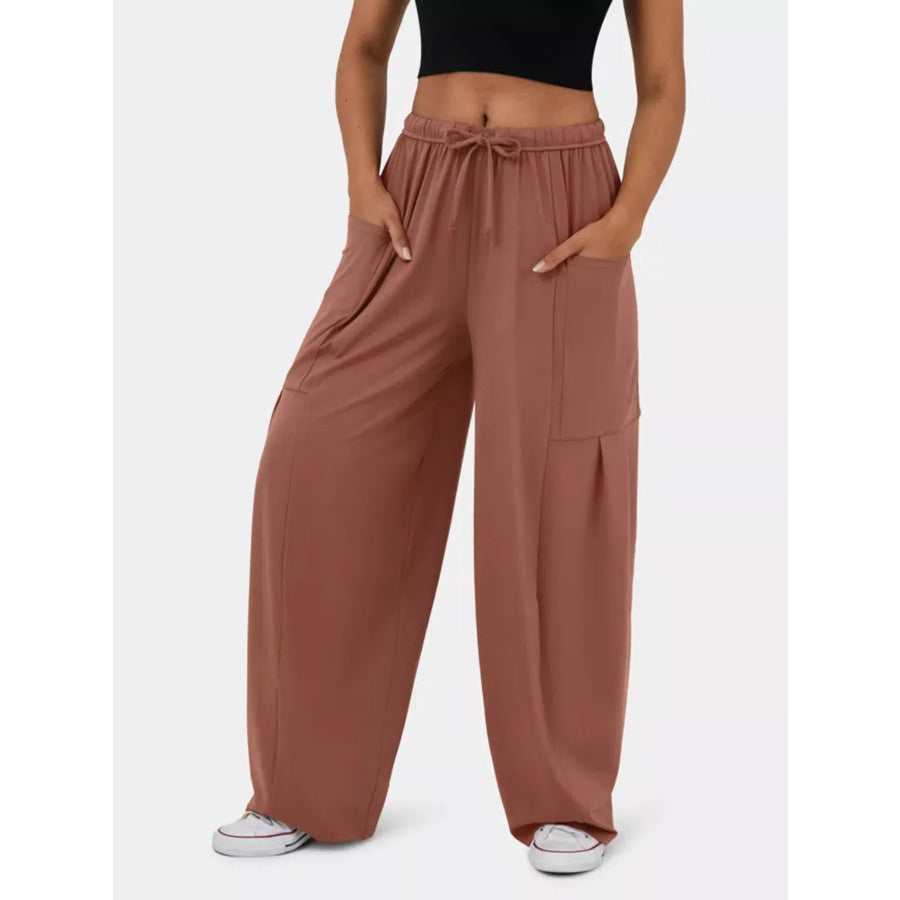 High-Waisted Drawstring Wide-Leg Pants Light Brown / S Apparel and Accessories