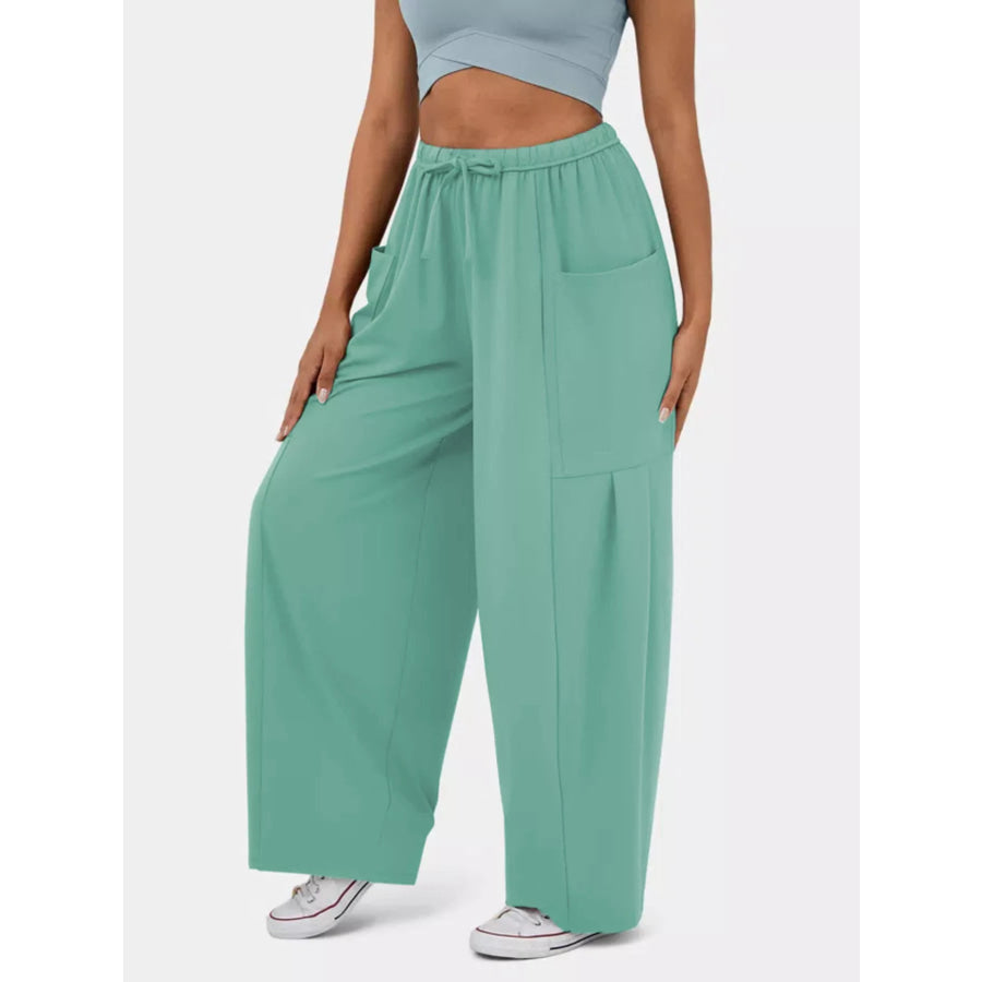 High-Waisted Drawstring Wide-Leg Pants Light Green / S Apparel and Accessories