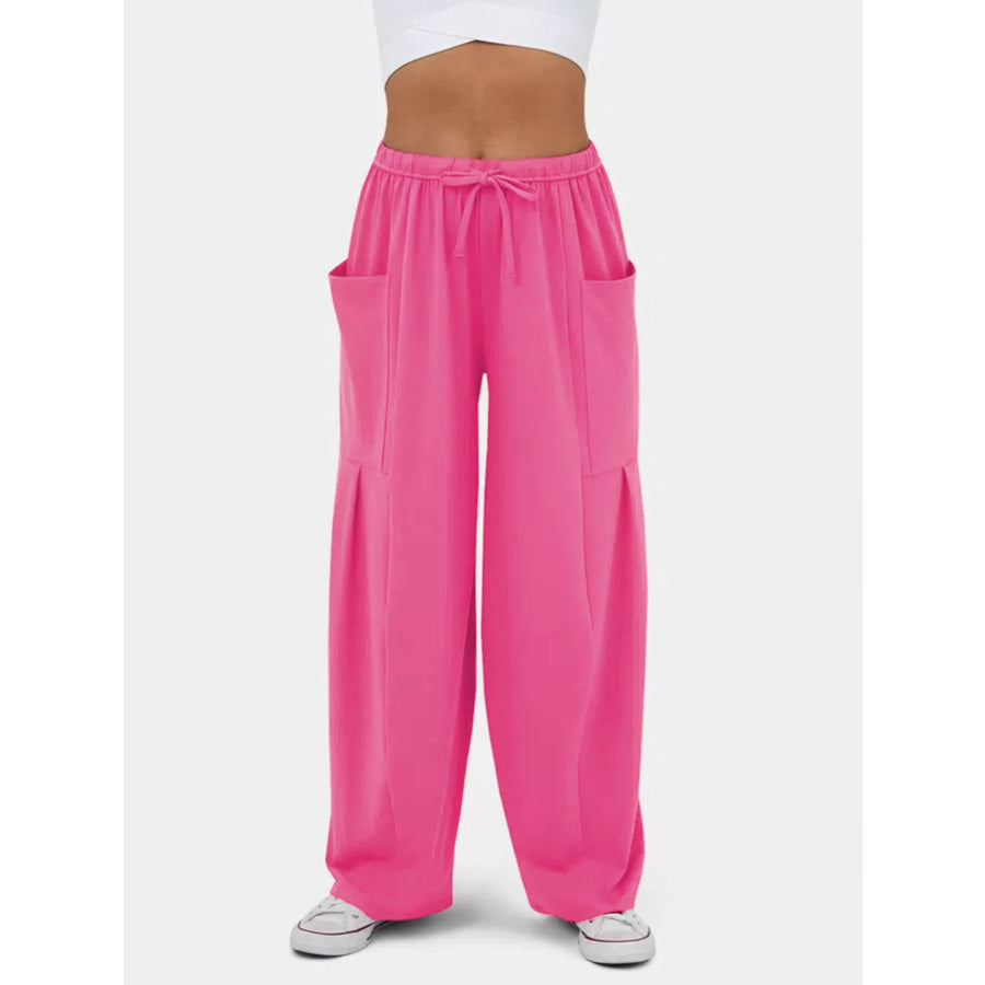 High-Waisted Drawstring Wide-Leg Pants Rose Red / S Apparel and Accessories