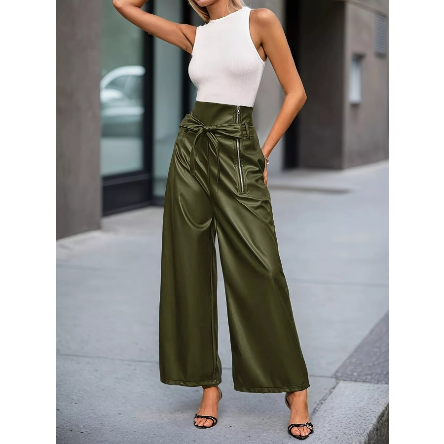 High-Waisted Faux Leather Wide-Leg Pants with Tie-Waist and Zipper Detail Army Green / S
