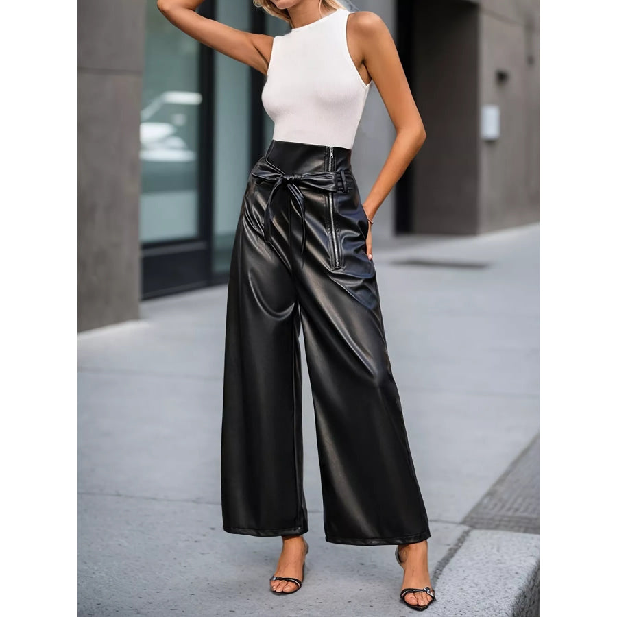 High-Waisted Faux Leather Wide-Leg Pants with Tie-Waist and Zipper Detail Black / S