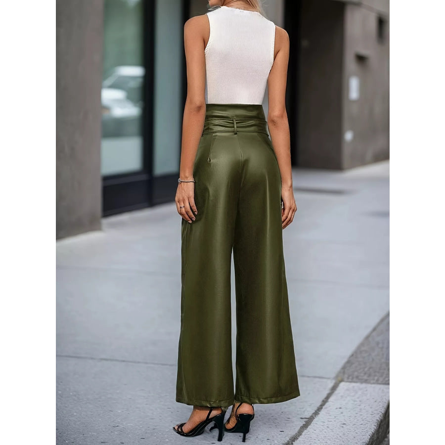 High-Waisted Faux Leather Wide-Leg Pants with Tie-Waist and Zipper Detail