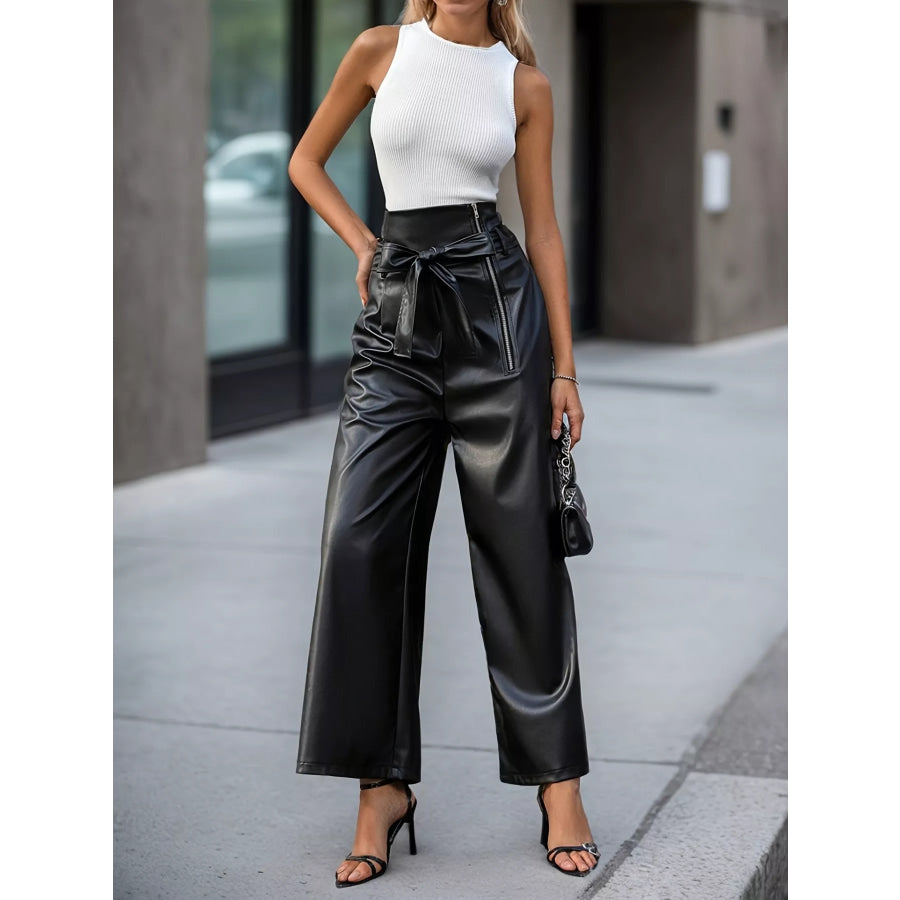 High-Waisted Faux Leather Wide-Leg Pants with Tie-Waist and Zipper Detail