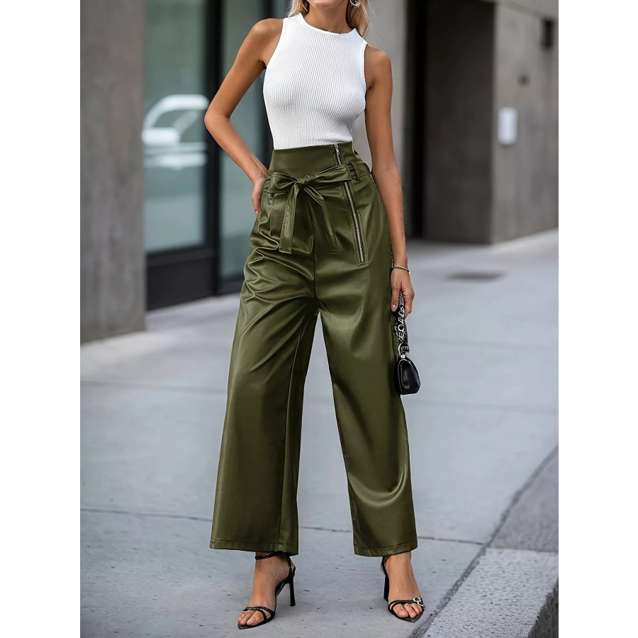 High-Waisted Faux Leather Wide-Leg Pants with Tie-Waist and Zipper Detail