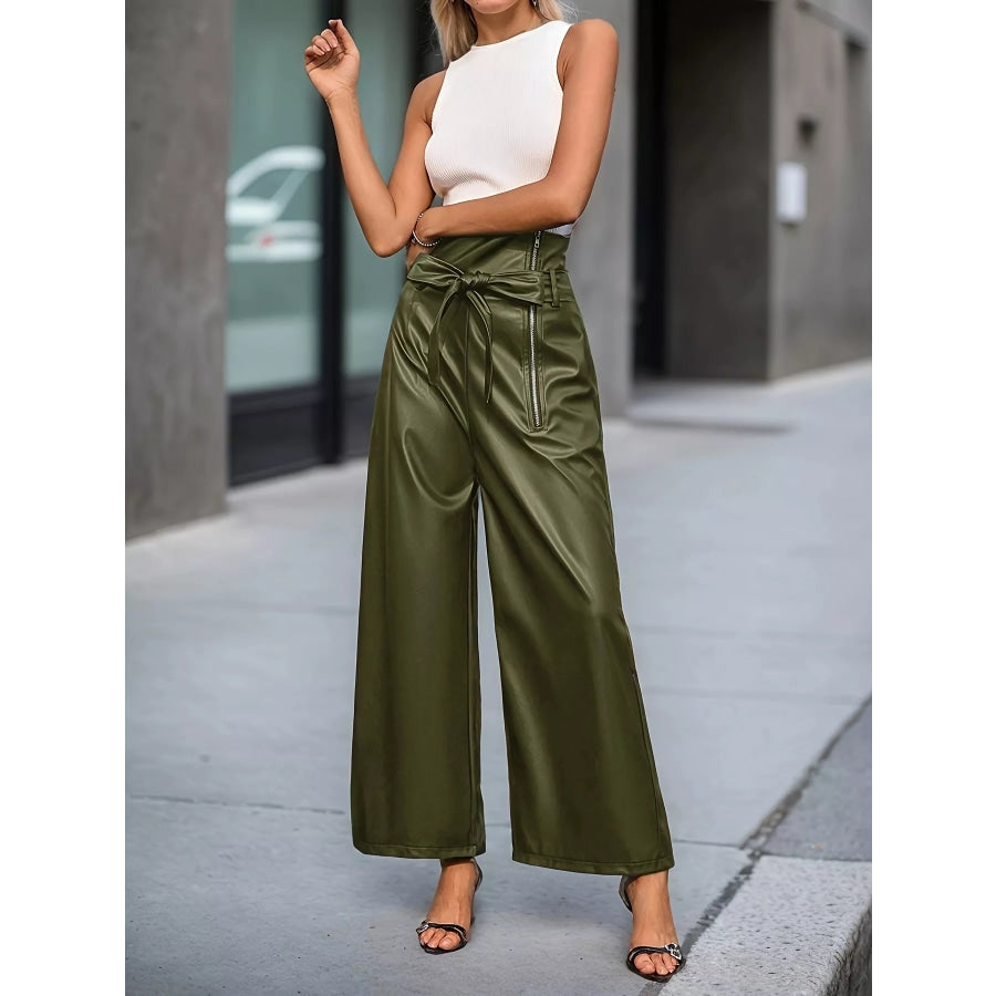 High-Waisted Faux Leather Wide-Leg Pants with Tie-Waist and Zipper Detail