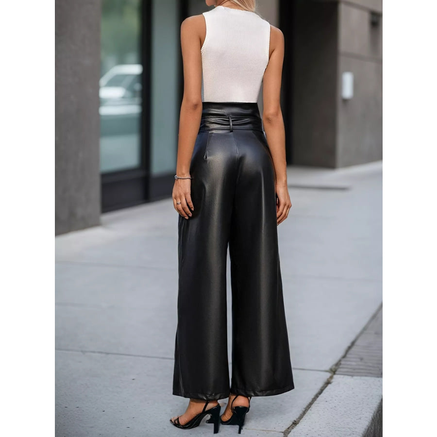 High-Waisted Faux Leather Wide-Leg Pants with Tie-Waist and Zipper Detail