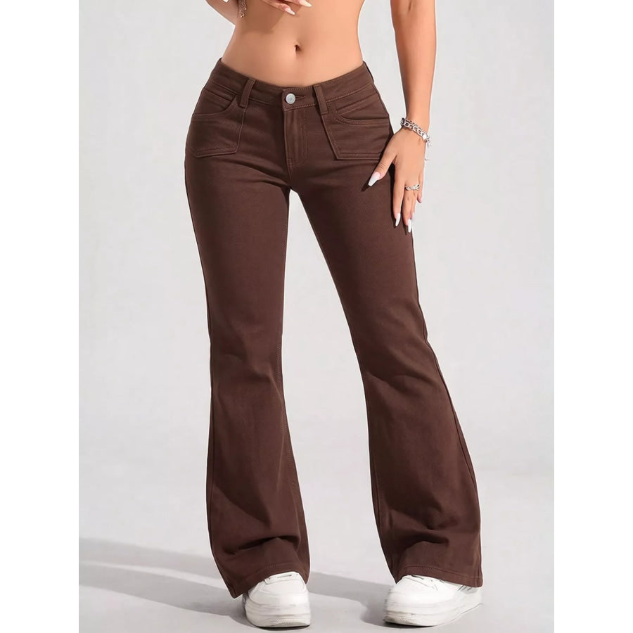 High-Waisted Flare Leg Jeans with Front Pockets Brown / XXS