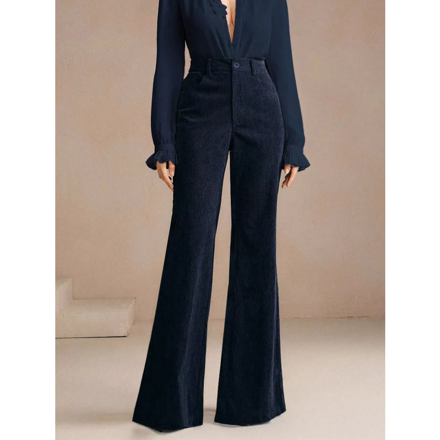 High-Waisted Flare Pants Navy Blue / S Apparel and Accessories
