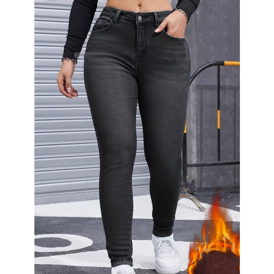 High-Waisted Fleece-Lined Skinny Jeans Black Gray / S Apparel and Accessories