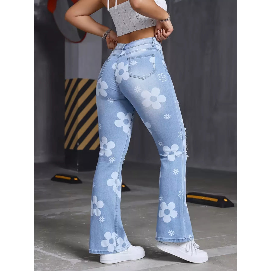 High-Waisted Floral Print Distressed Flare Jeans Apparel and Accessories