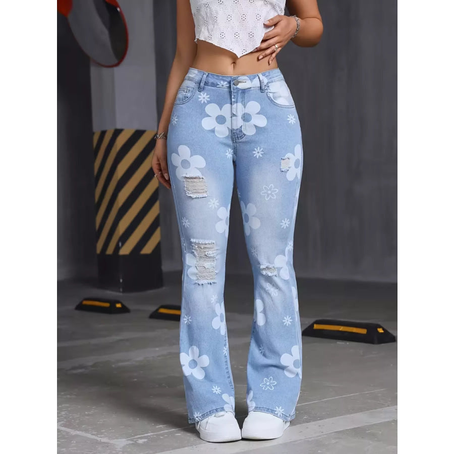 High-Waisted Floral Print Distressed Flare Jeans Apparel and Accessories