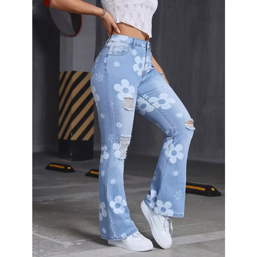 High-Waisted Floral Print Distressed Flare Jeans Apparel and Accessories
