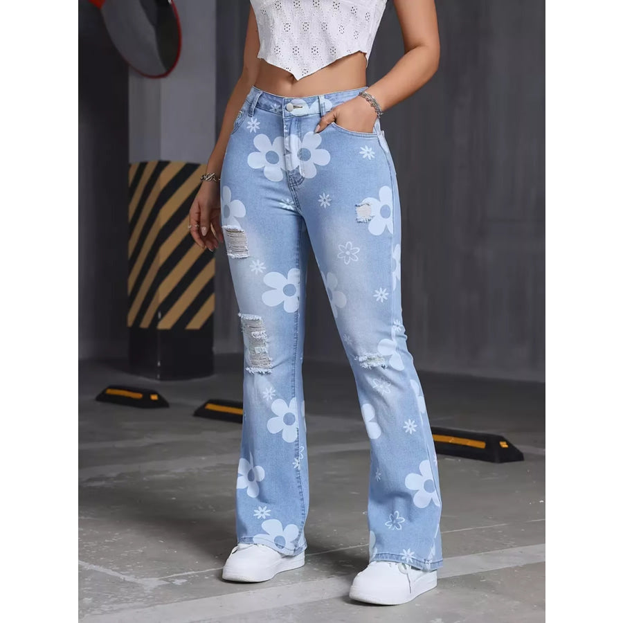 High-Waisted Floral Print Distressed Flare Jeans Light Blue / S Apparel and Accessories