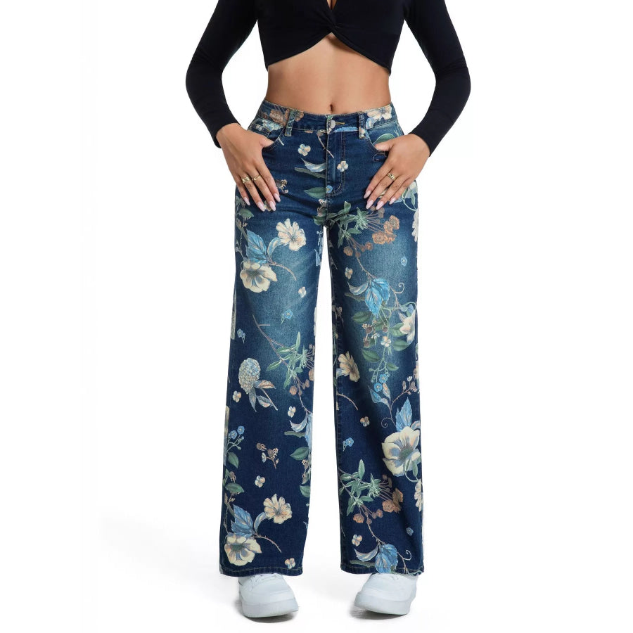 High-Waisted Floral Print Wide-Leg Jeans Apparel and Accessories