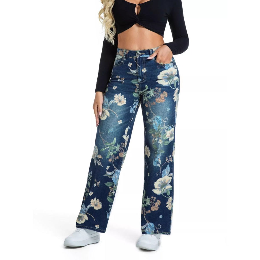 High-Waisted Floral Print Wide-Leg Jeans Apparel and Accessories