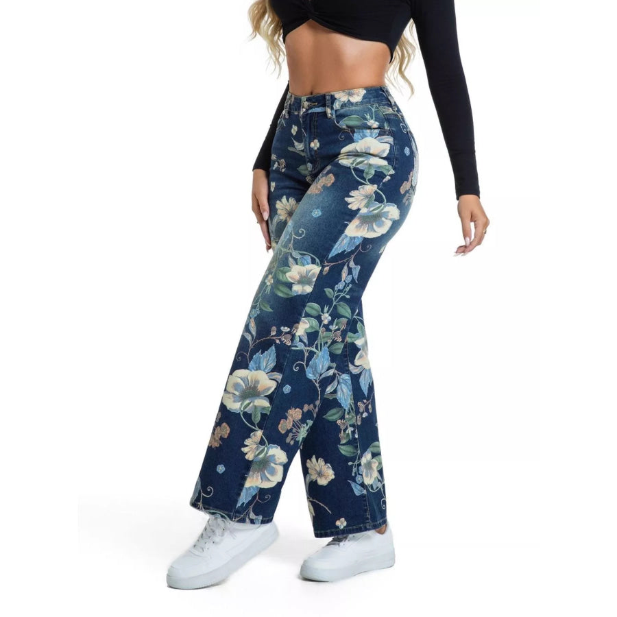 High-Waisted Floral Print Wide-Leg Jeans Apparel and Accessories