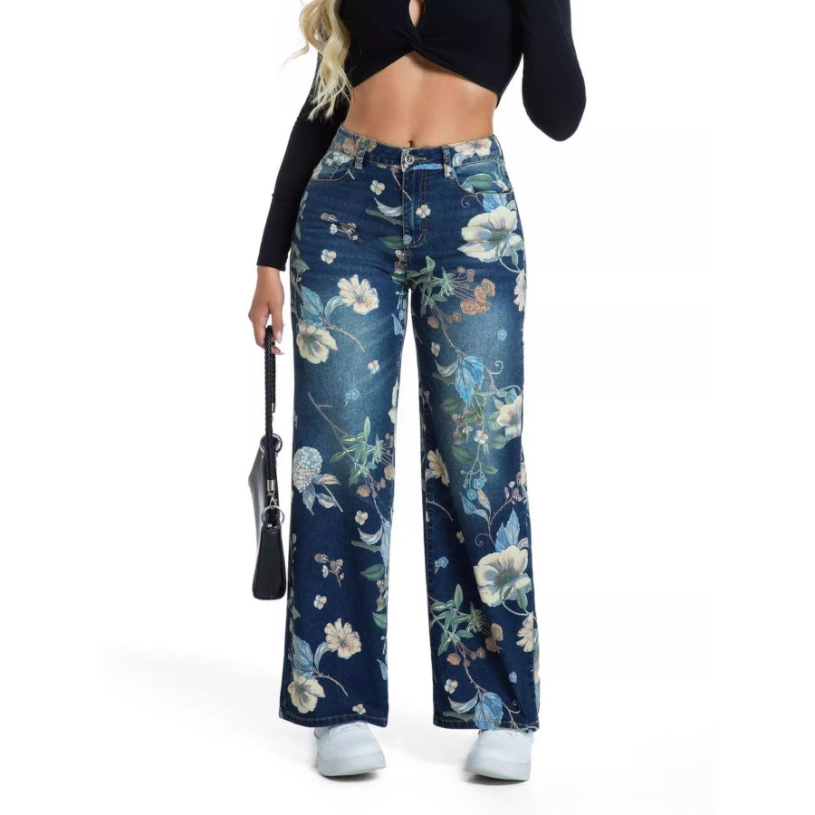 High-Waisted Floral Print Wide-Leg Jeans Apparel and Accessories