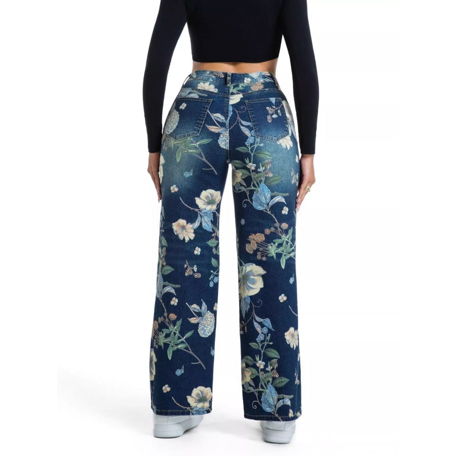 High-Waisted Floral Print Wide-Leg Jeans Peacock Blue / S Apparel and Accessories