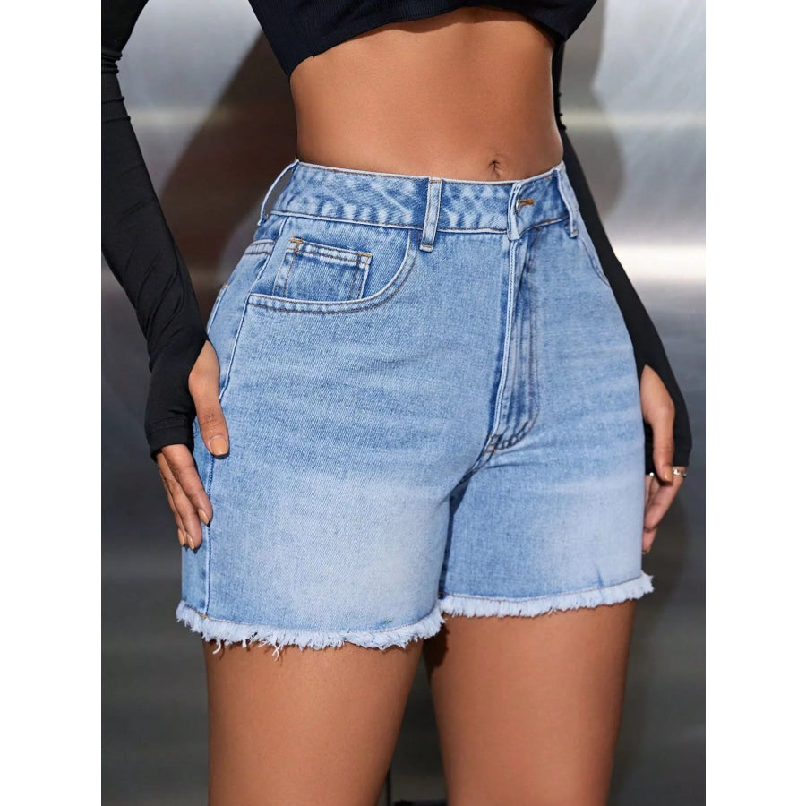 High-Waisted Frayed Hem Denim Shorts Blue / S Apparel and Accessories