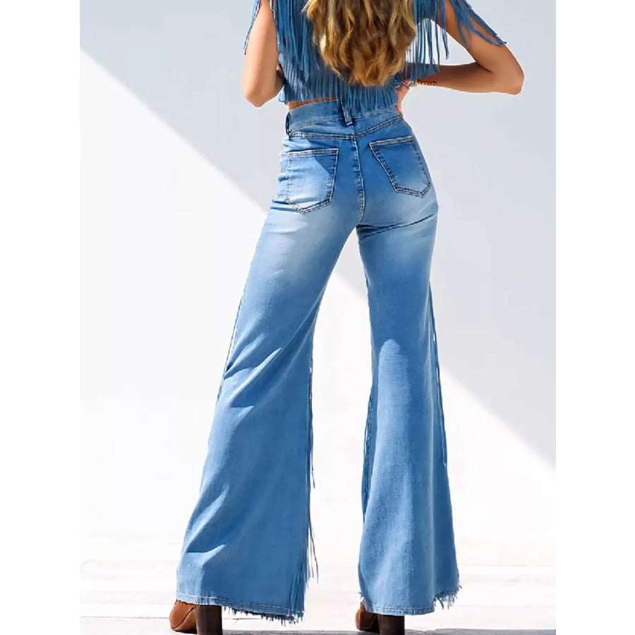 High-Waisted Fringe Flare Jeans Apparel and Accessories