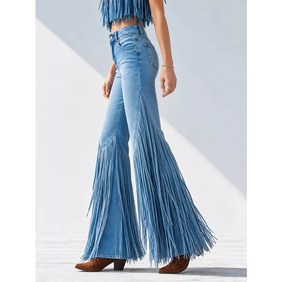 High-Waisted Fringe Flare Jeans Apparel and Accessories