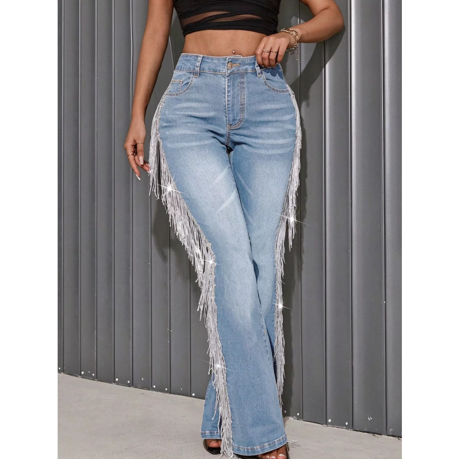 High-Waisted Fringe Flare Jeans Apparel and Accessories