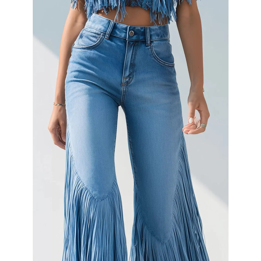 High-Waisted Fringe Flare Jeans Apparel and Accessories