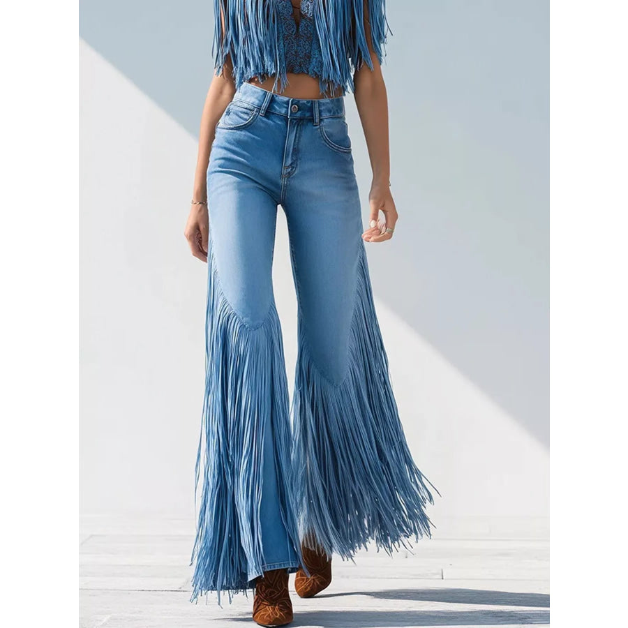 High-Waisted Fringe Flare Jeans Blue / S Apparel and Accessories