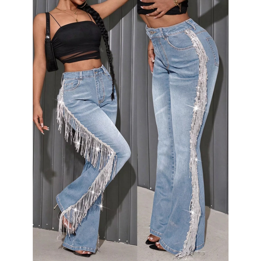High-Waisted Fringe Flare Jeans Light Blue / S Apparel and Accessories