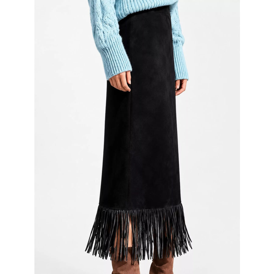 High-Waisted Fringe Midi Skirt Apparel and Accessories