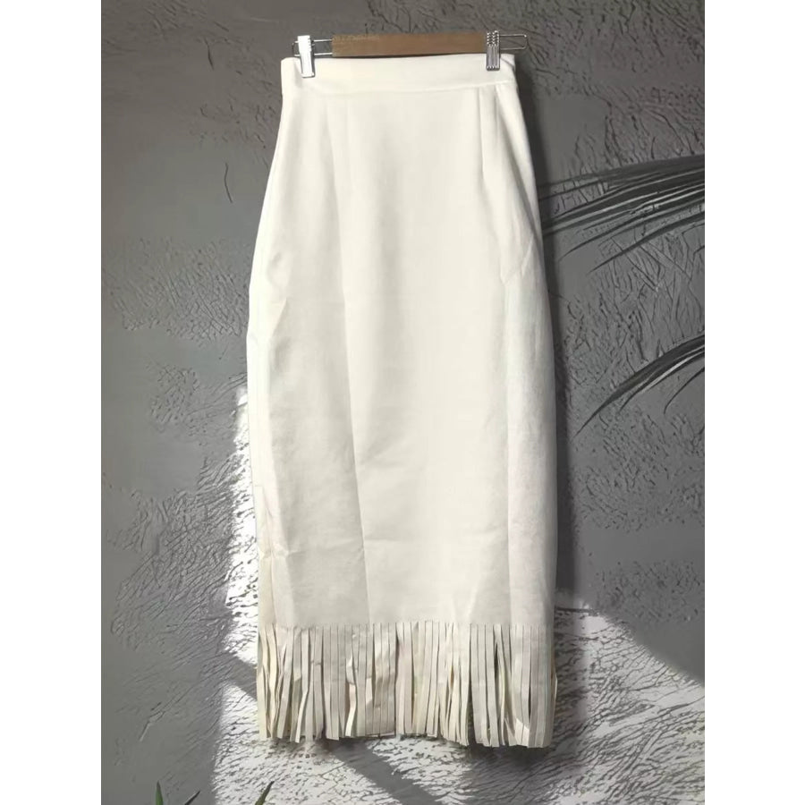 High-Waisted Fringe Midi Skirt Apparel and Accessories