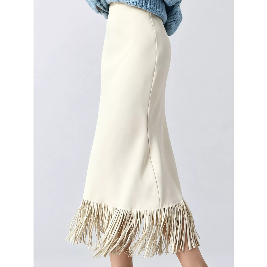 High-Waisted Fringe Midi Skirt Apparel and Accessories