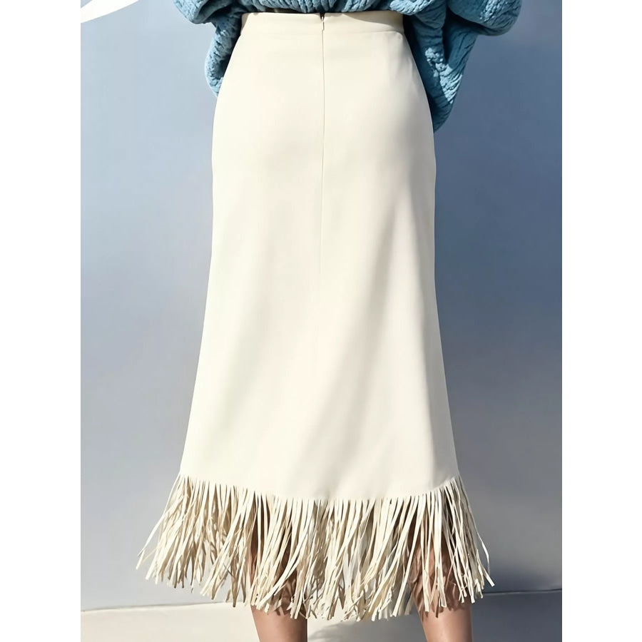 High-Waisted Fringe Midi Skirt Apparel and Accessories