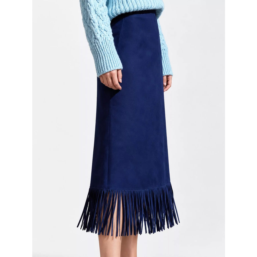 High-Waisted Fringe Midi Skirt Apparel and Accessories