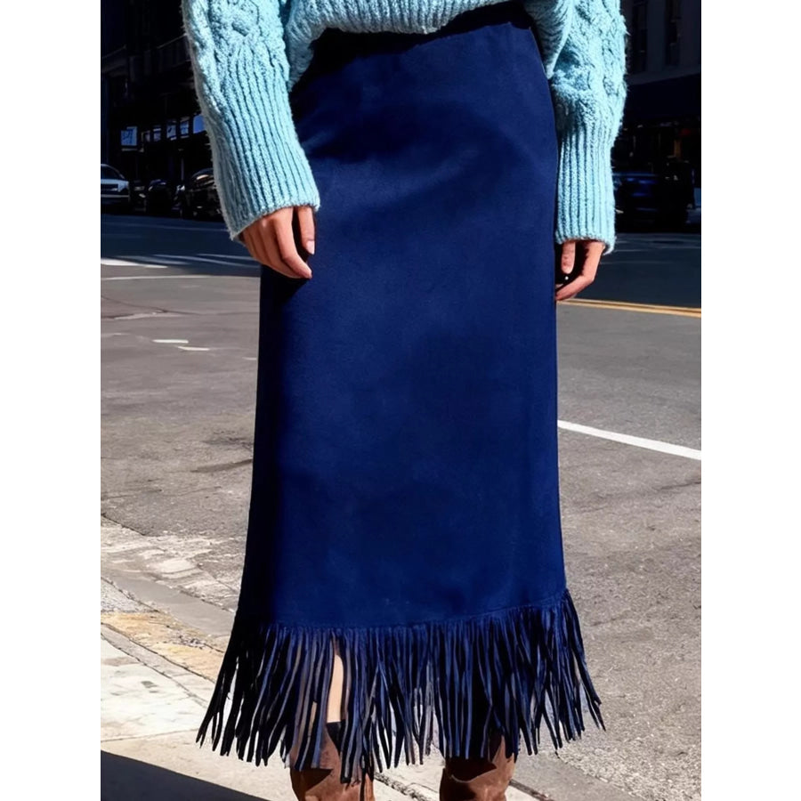 High-Waisted Fringe Midi Skirt Apparel and Accessories