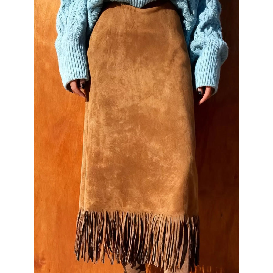 High-Waisted Fringe Midi Skirt Apparel and Accessories