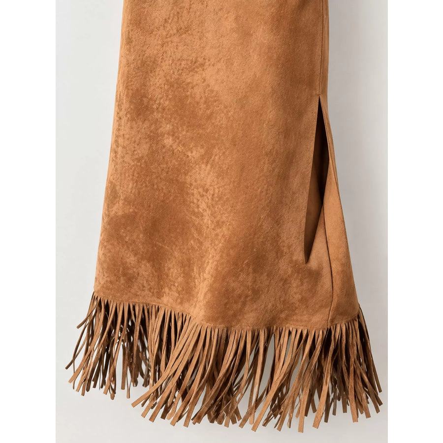 High-Waisted Fringe Midi Skirt Apparel and Accessories