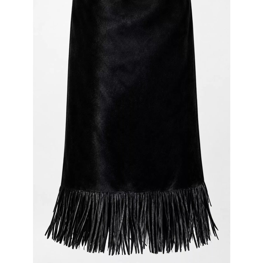 High-Waisted Fringe Midi Skirt Apparel and Accessories