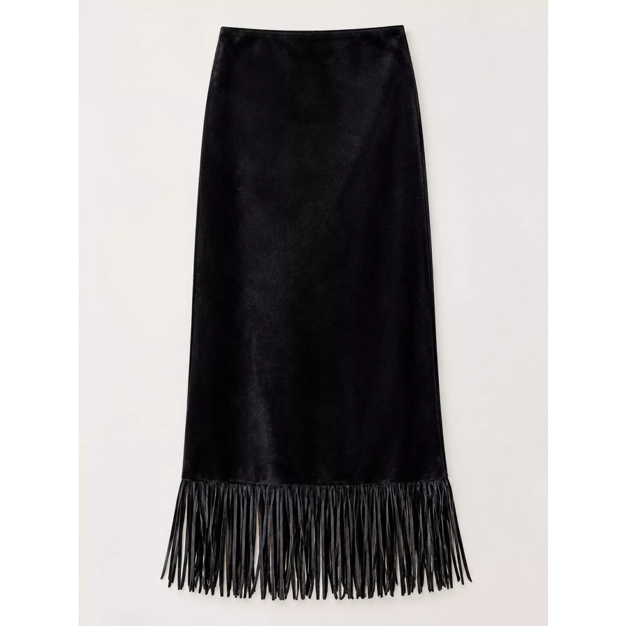 High-Waisted Fringe Midi Skirt Apparel and Accessories